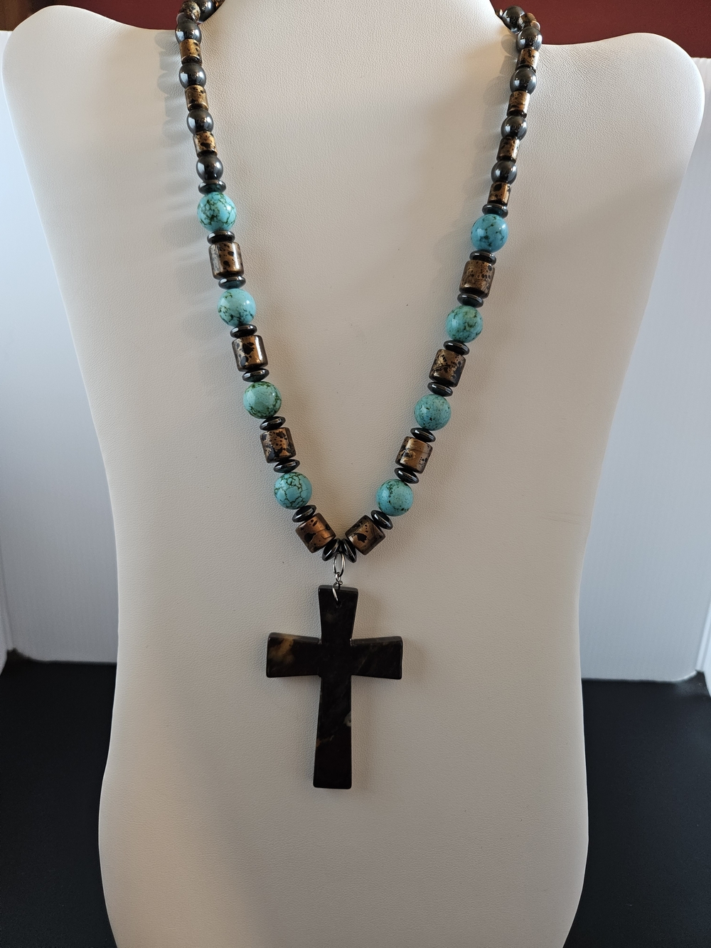 Turquoise and Brown Cross Pendant Beaded Necklace